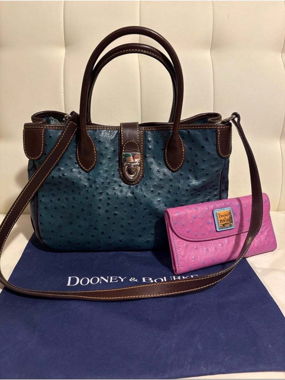 “Dooney & Bourke” Teal Ostrich-Embossed Leather Tote w/Pink Cont. Wallet Set
